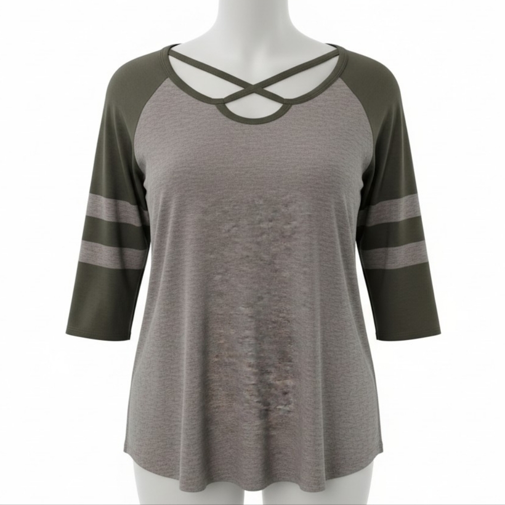 Moa Moa L Olive Gray Crisscross Neck 3/4 Sleeve Stretch Top